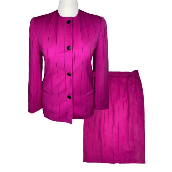 Vintage 90s Christian Dior Women's Skirt Suit Hot Pink Pinstripe